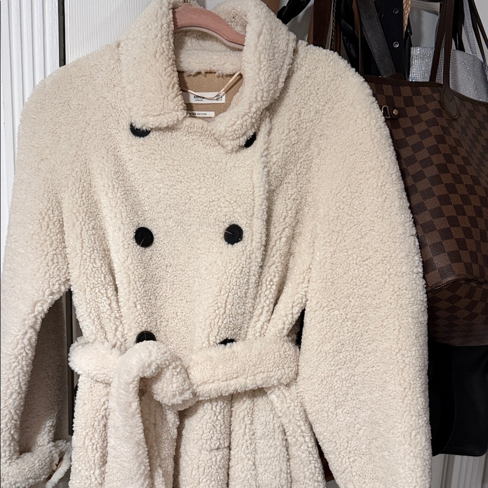 Mango Cream Teddy Jacket with Black Buttons